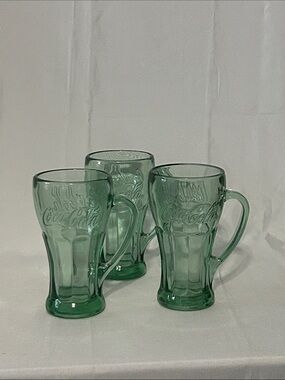 Set of 3 Green Coca-Cola Glass with Handle Mugs Libbey 14oz Heavy Vintage Coke